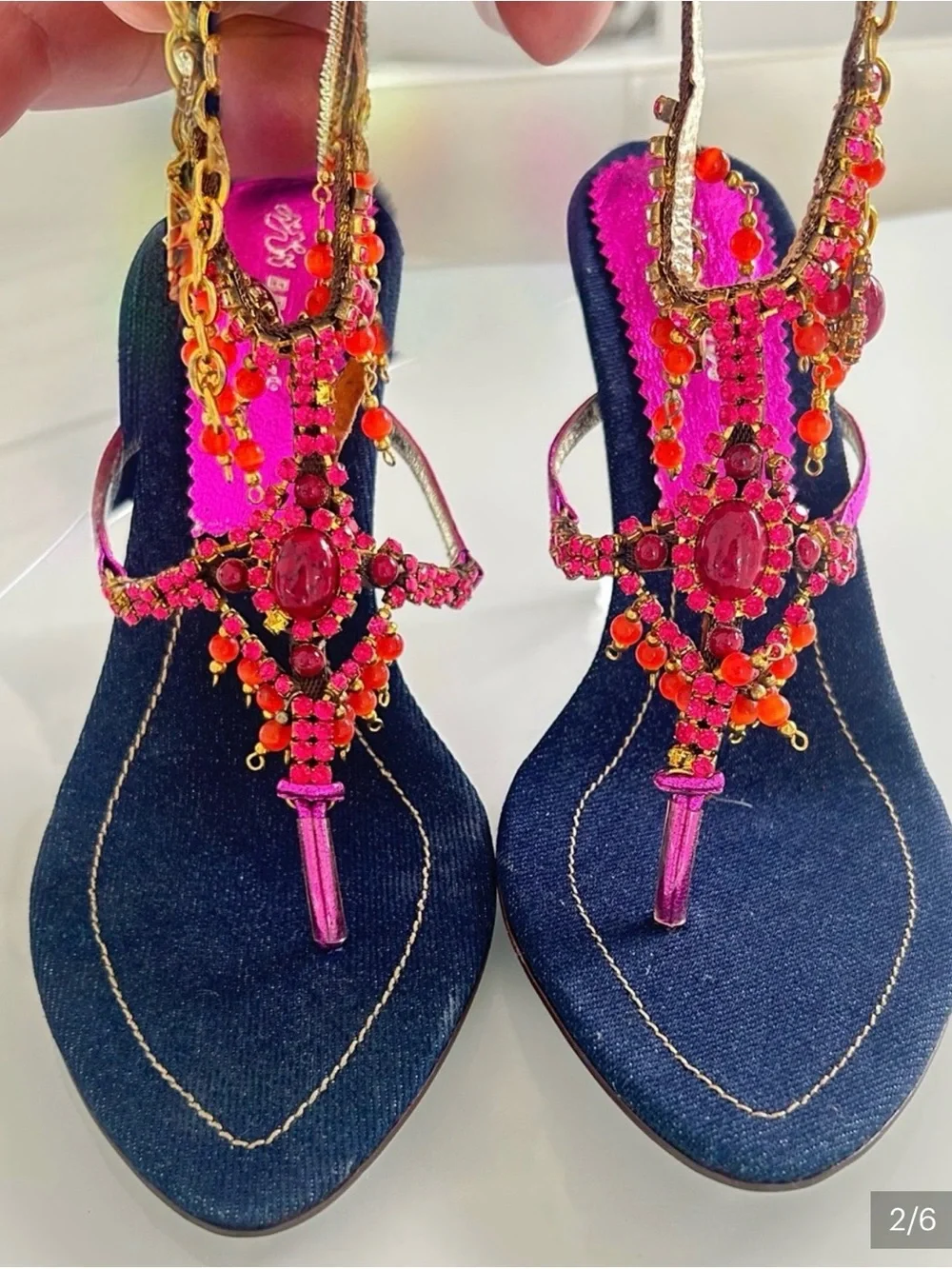 Bronx Embellished Denim Thong Sandals in Pink and Coral